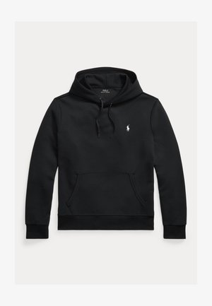 Zwarte hoodie met lange mouwen, voorvak, trekkoord in de capuchon en klein wit Polo Ralph Lauren-logo op de linkerborst.