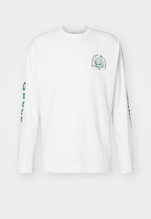 Biała koszulka bawełniana z długim rękawem, z zielonymi nadrukami na klatce piersiowej oraz na obu rękawach. Miękka faktura, okrągły dekolt.