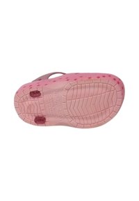 Suola di sandaletti in gomma rosa chiaro con battistrada testurizzato e motivi a stella, con due dettagli rossi vicino al tallone e marchio inciso.