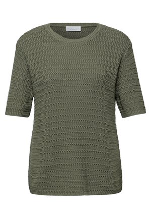 Pull en maille vert olive à manches courtes avec col rond et motif de points horizontaux texturés, présenté à plat de face.