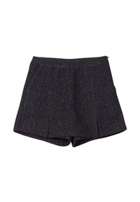 Schwarze Shorts aus strukturiertem Material mit einem dezenten silbernen Fadenmuster, ausgestattet mit einem klaren Bund und zwei vorderen Falten.