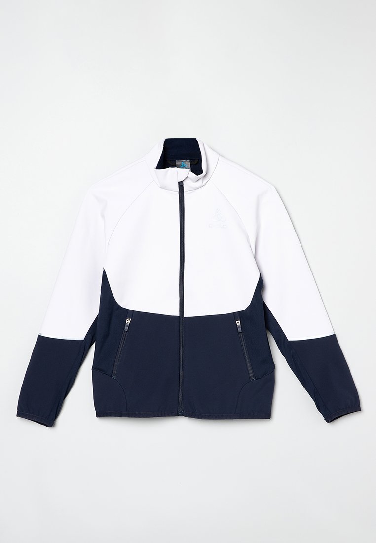 Veste zippée avec un design blanc en haut et bleu marine en bas, fabriquée en tissu lisse et dotée de deux poches latérales zippées.