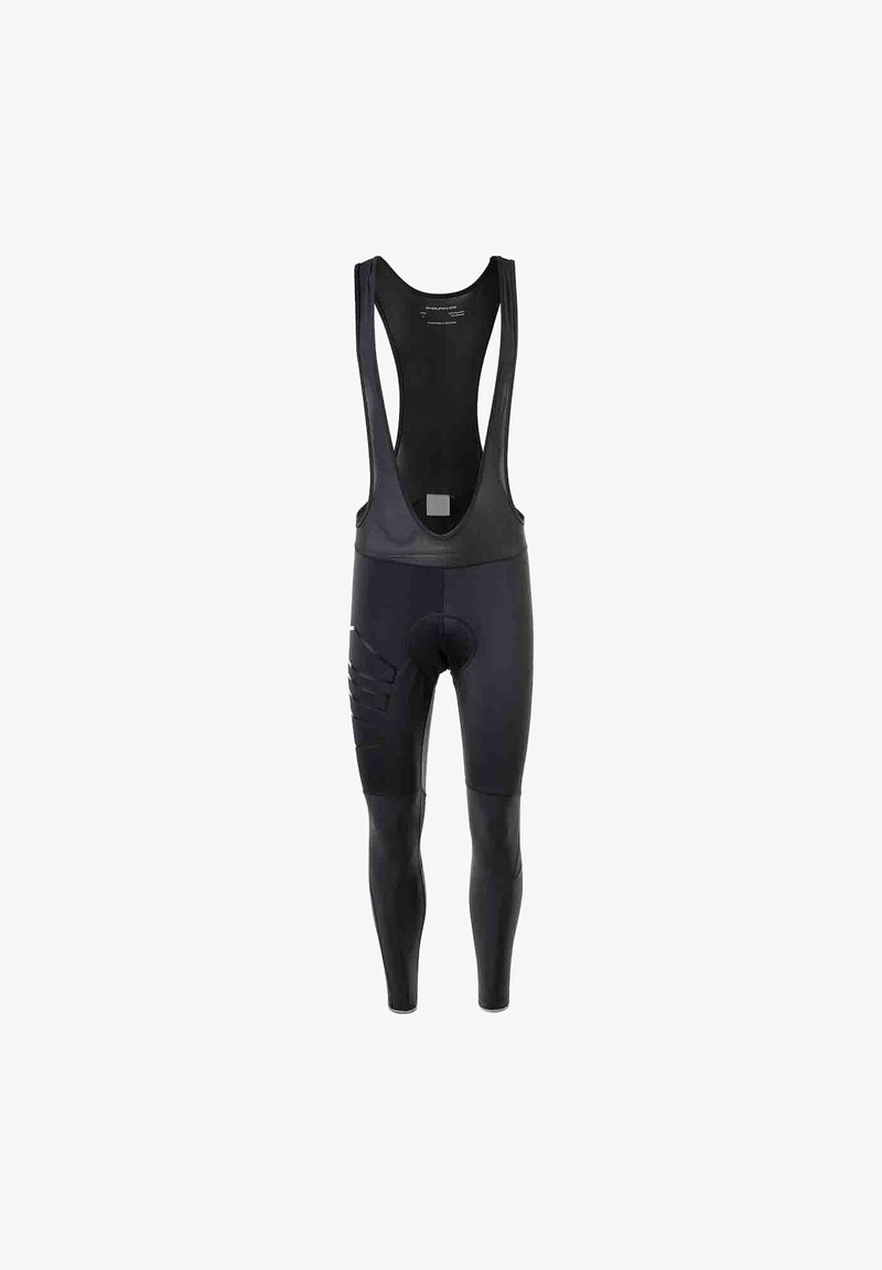 Schwarze Radsport-Bib-Shorts aus dehnbarem Material. Verfügt über einen gepolsterten Sitz und ein elegantes, ergonomisches Design mit verstellbaren Trägern.