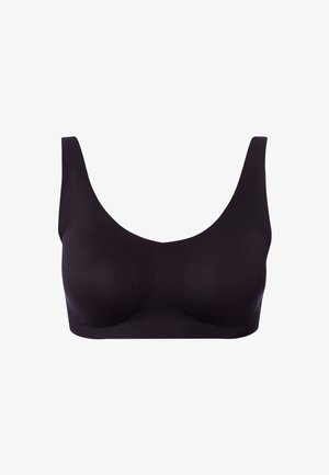 Zwarte bralette met brede bandjes, een gladde textuur en een ronde halslijn. Geen zichtbare hardware, ontworpen voor comfort en bedekking.