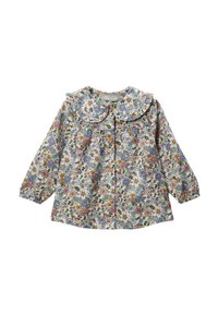 Blouse pour béb é à manches longues avec un imprimé floral dans des couleurs pastel, boutons en bois sur le devant et un col en Peter Pan froncé.