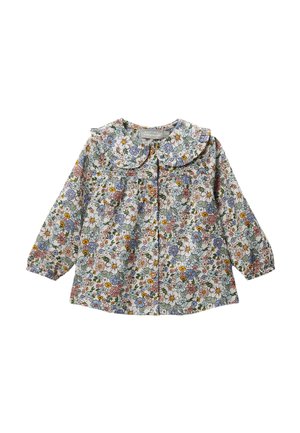 Blouse pour bébé à manches longues avec un imprimé floral dans des couleurs pastel, boutons en bois sur le devant et un col en Peter Pan froncé.