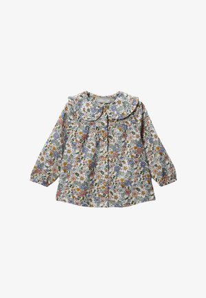 Blouse pour bébé à manches longues avec un imprimé floral dans des couleurs pastel, boutons en bois sur le devant et un col en Peter Pan froncé.