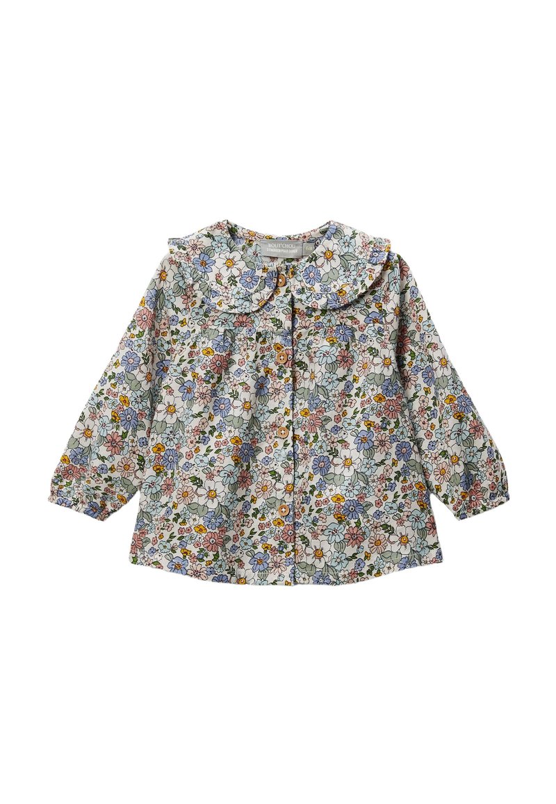 Blouse pour bébé à manches longues avec un imprimé floral dans des couleurs pastel, boutons en bois sur le devant et un col en Peter Pan froncé.