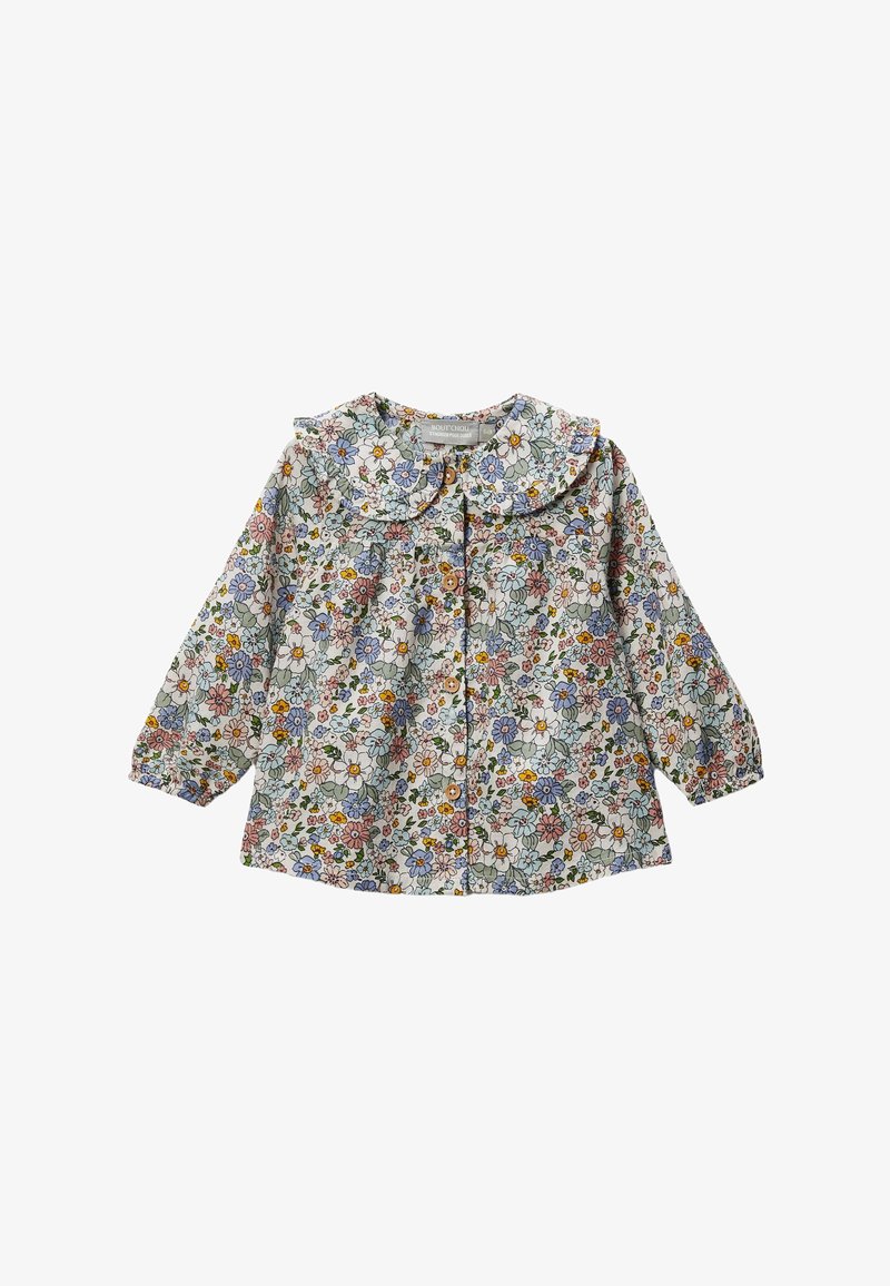 Blouse pour bébé à manches longues avec un imprimé floral dans des couleurs pastel, boutons en bois sur le devant et un col en Peter Pan froncé.