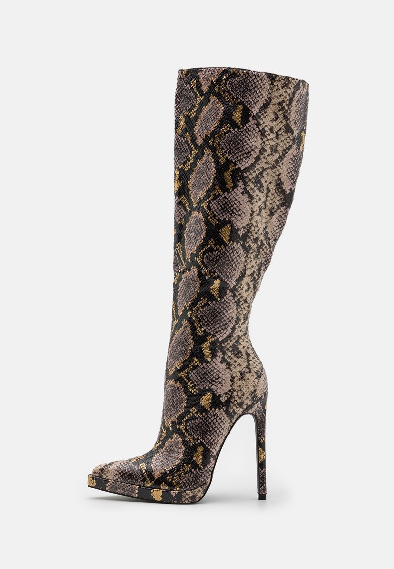 High-heeled knee-high boots with a snakeskin pattern in shades of brown, black, and gold. Material appears textured with a pointed toe.