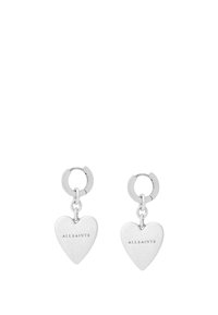 Boucles d'oreilles en forme de cœur argenté avec une finition polie, équipées d'un design suspendu et d'une petite attache en anneau. Nom de la marque "ALLSAINTS" gravé.