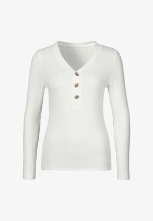White, long-sleeve ribbed top with a V-neck and three buttons on the front. Soft texture with fitted shape and finished edges.