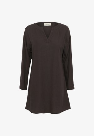 Mörkbrun tunika med V-ringning, trekvartslånga ärmar och en lös passform. Tyget har en slät textur och en subtil lyster.