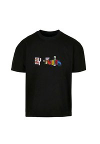 Sort bomulds t-shirt med en flerfarvet, tekstureret "EYT Studios" grafik på forsiden, rund halsudskæring og korte ærmer.