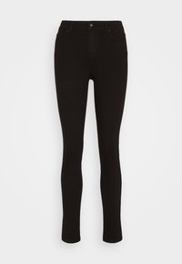 Černé, vysoké skinny džíny vyrobené z denimu. Funkce s uzavíráním na knoflík, pěti kapsami a hladkým povrchem. Přiléhavá silueta.