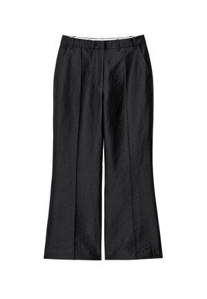 Schwarze weite Hosen aus leichtem Stoff, mit glatter Textur, gefaltetem Vorderbereich und maßgeschneidetem Taillenbund.