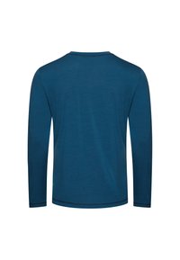 Langarm-Shirt in tiefem Teal, aus weichem Stoff gefertigt. Verfügt über einen Rundhalsausschnitt und einfache Nahtdetails entlang der Nähte.