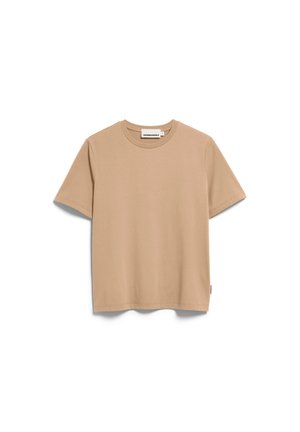 T-shirt beige a maniche corte con scollo rotondo, orlo dritto e piccola etichetta del marchio all'interno del collo.
