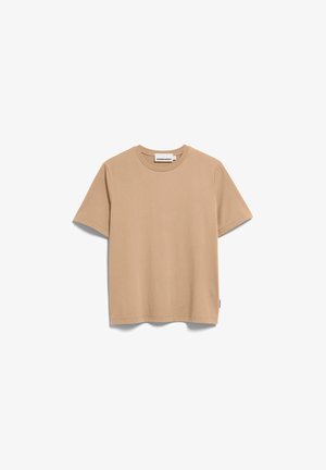 T-shirt beige à manches courtes avec col rond, ourlet droit et petite étiquette de marque à l'intérieur de l'encolure.