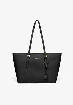 Borsa tote in pelle nera con finitura texturizzata, lunghe tracolle, accenti in metallo dorato e un'etichetta con marchio. Silhouette ampia con una forma strutturata.