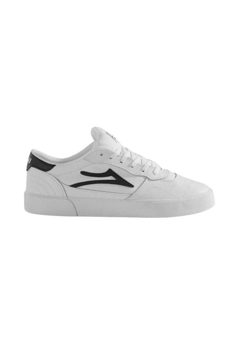 White sneaker with black accents, textured rubber sole, and lace-up design. Features stitched details and a rounded toe shape.