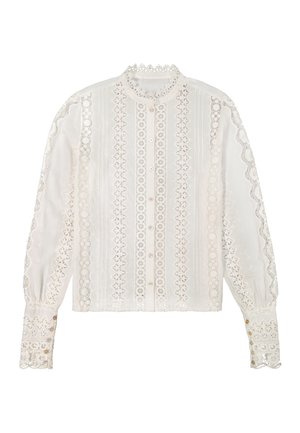 Biała bluzka z długim rękawem z zapinanym na guziki przodem, ozdobiona pionowymi panelami z koronki oraz falbanką z koronki na rękawach, kołnierzyku i mankietach.