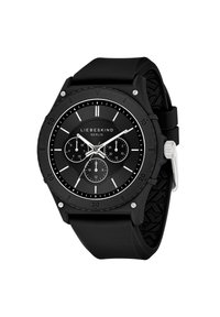 Orologio con cinturino in gomma nera e cassa rotonda in nero opaco. Presenta un quadrante nero, accenti argentati e tre sub-quadranti per funzioni aggiuntive.