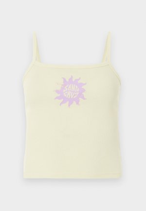 Kremasto-bel top z rebrasto teksturo s tankimi naramnicami in vijoličnim sončnim motivom s napisom "Santa Cruz" na sredini sprednje strani.