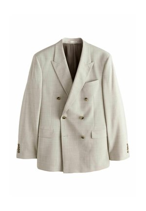 Hellbeiger, doppelreihiger Blazer mit spitzen Revers, sechs Knöpfen vorne, zwei Klappentaschen und geknöpften Manschetten.