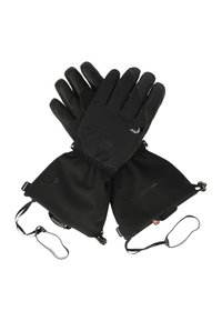Svarta handskar i mjukt, isolerat tyg med texturerad yta, som har elastiska mudd och justerbara remmar för en snug passform.