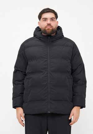 Black puffer jacket with a hood, featuring a front zipper, quilted texture, and side pockets, providing warmth and coverage.