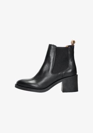 Black leather ankle boot with elastic side panels, chunky heel, pointed toe, and a pull tab at the back. Smooth texture, minimal detailing.