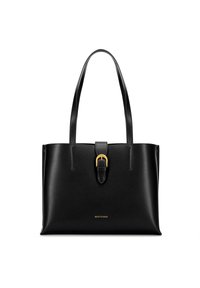 Sac fourre-tout en cuir noir au design épuré, deux poignées, finition brillante et détail de boucle dorée à l'avant, avec un logo en relief.