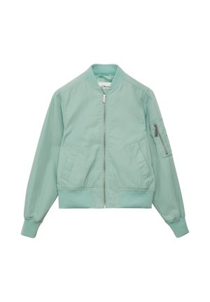Mint green bomber jacket, polyester material, zip front, ribbed cuffs and hem, two side pockets, and an exterior arm pocket with zipper.