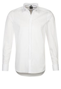 Witte blouse met lange mouwen van katoen. Heeft een klassieke kraag, een knoopsluiting aan de voorkant en een rechte zoom met ingestopte zijkanten. Soepele textuur.