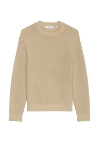 Beige gestrickter Pullover mit gerippter Textur, Rundhalsausschnitt und Raglanärmeln. Hat einen eng anliegenden Saum und Bündchen, ohne sichtbare Muster oder Akzente.