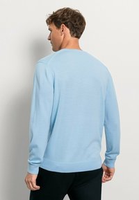 Hellblauer, langärmeliger Pullover aus weichem Stoff mit rundem Halsausschnitt und gerippten Bündchen, der eine glatte Textur und eine lockere Passform zeigt.