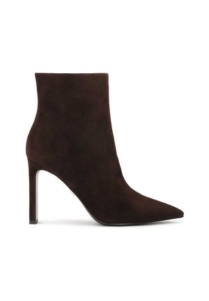 Brown suede ankle boot with pointed toe and high stiletto heel. Smooth texture and minimalist design with no visible hardware or embellishments.