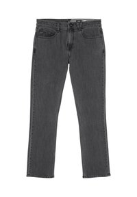Jeans de mezclilla negra con un diseño de pierna recta, que cuentan con cinco bolsillos, una cremallera y una sutil textura desgastada en toda su superficie.