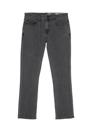 Jean en denim noir avec une coupe droite, comportant cinq poches, une fermeture éclair et une texture légèrement décolorée.