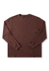 Chemise marron à manches longues en tissu texturé, présentant un motif côtelé, un col rond et des poignets ajustés. Design simple sans logos visibles.