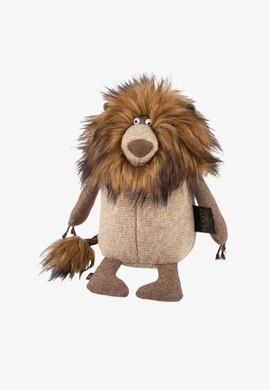 Jouet en peluche lion avec une crinière en fourrure brune texturée, une tête ronde et un corps beige. Caractéristiques d'yeux en plastique grands et d'une queue touffue.