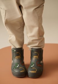 Bottes en caoutchouc vertes et grises avec des imprimés de dinosaures dans diverses couleurs. Semelle texturée, design de hauteur intermédiaire, assorties à un pantalon beige.