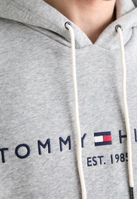 Felpa grigia in cotone con lacci bianchi, con la scritta ricamata in blu navy "TOMMY HILFIGER" e un piccolo logo nei colori rosso, bianco e blu.