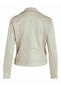 Beige mockaskappa med lång ärm, strukturerade sömmar, en bred krage och dragkedjedetaljer vid ärmsluten, sedd bakifrån.