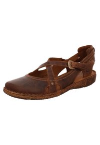 Brown leather sandal with cross straps, open sides, and a buckle closure. Textured sole with raised patterns and stitching details.