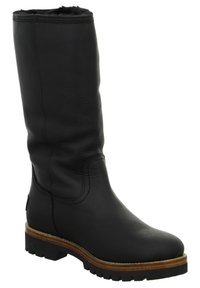 Botte noire en cuir montant avec une finition texturée, bout rond et semelle en caoutchouc robuste. Présente des motifs cousus et un talon bas.