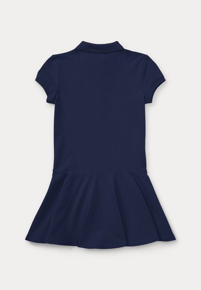 Navy blue short-sleeve polo dress with collar and flared skirt, displayed flat showing the back side.
