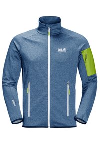 Blå fleecejacka med full dragkedja och hög krage, vita dragkedjor, gröna dragkedjehållare, en grön ficka på ärmen och en vit "Jack Wolfskin"-logotyp på bröstet.