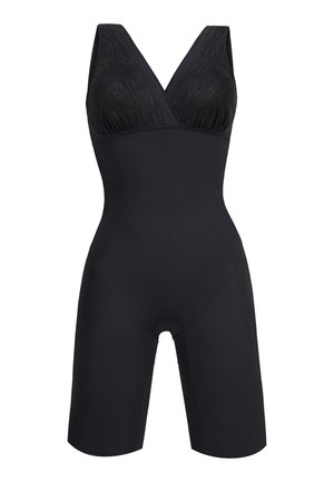Zwarte bodysuit met een V-hals ontwerp, voorzien van textuur op de bovenkant en gladde stretchstof. Het onderste gedeelte reikt tot halverwege de bovenbenen.